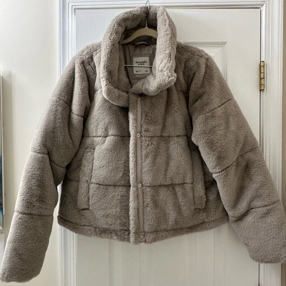 A&F Light Gray Faux Fur Mini Puffer